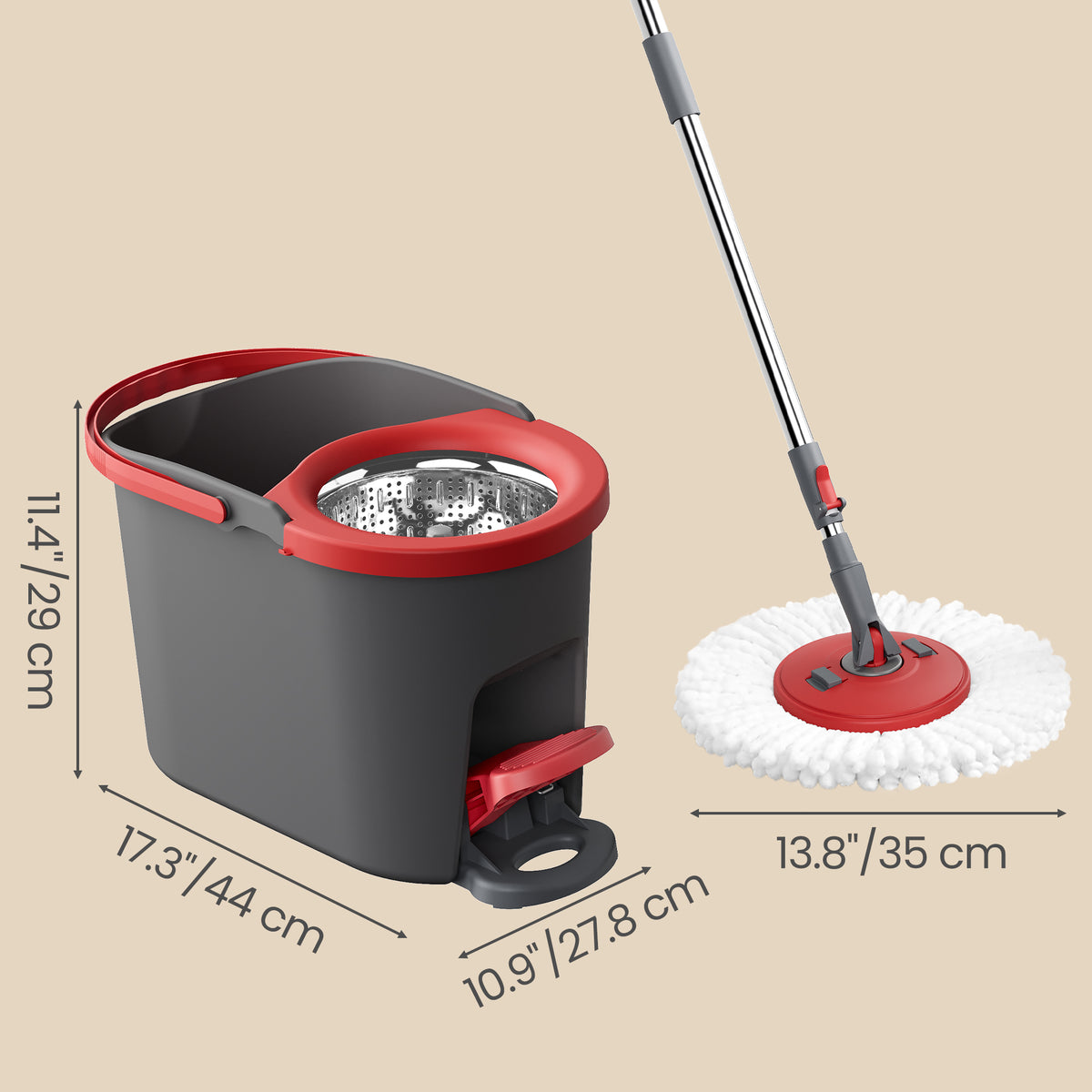 Spin Floor Mop Set with Pedal Wringer, Telescopic Handle, Microfiber Pad, for Home Cleaning, Red and Gray