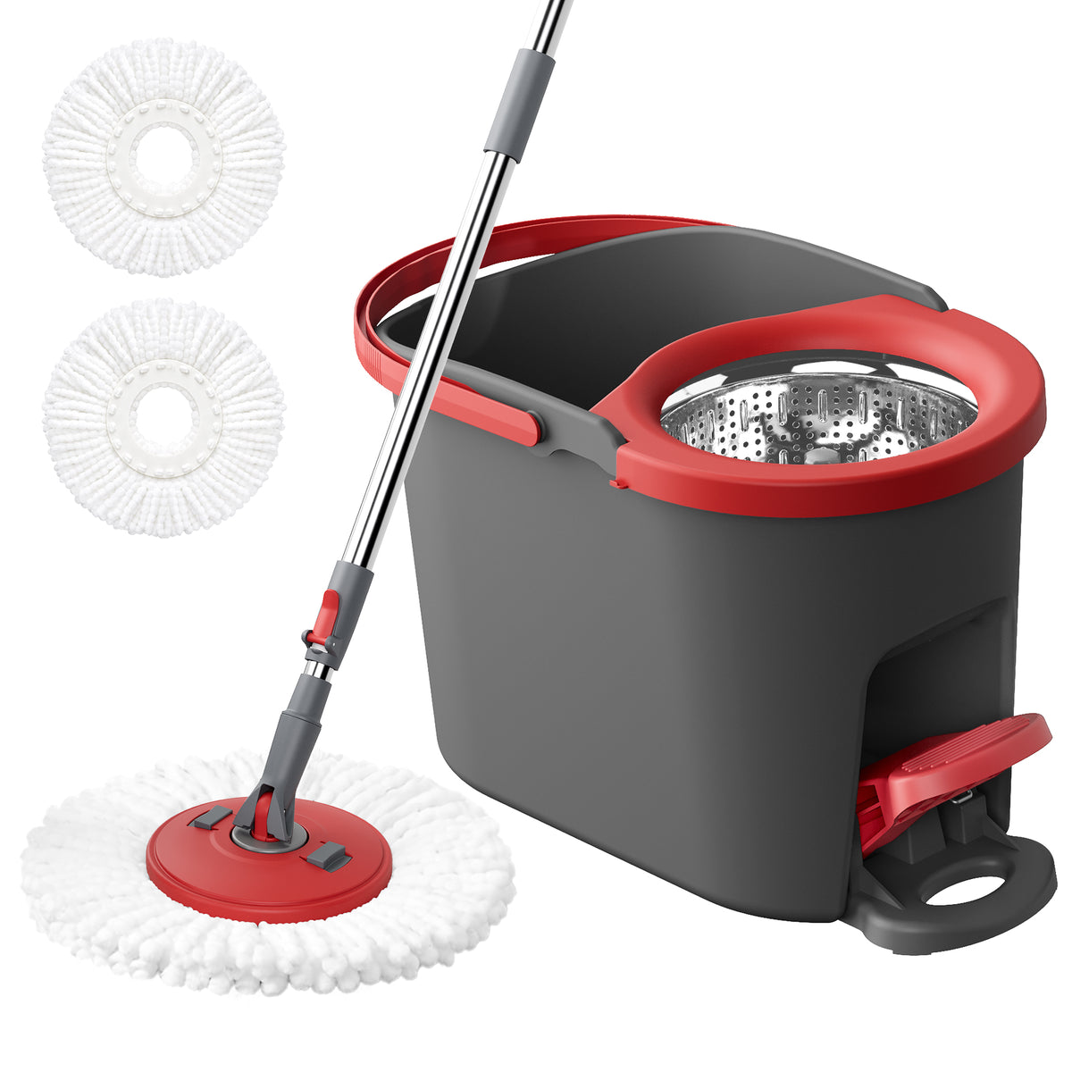 Spin Floor Mop Set with Pedal Wringer, Telescopic Handle, 2 Microfiber Pads, for Home Cleaning, Red and Gray