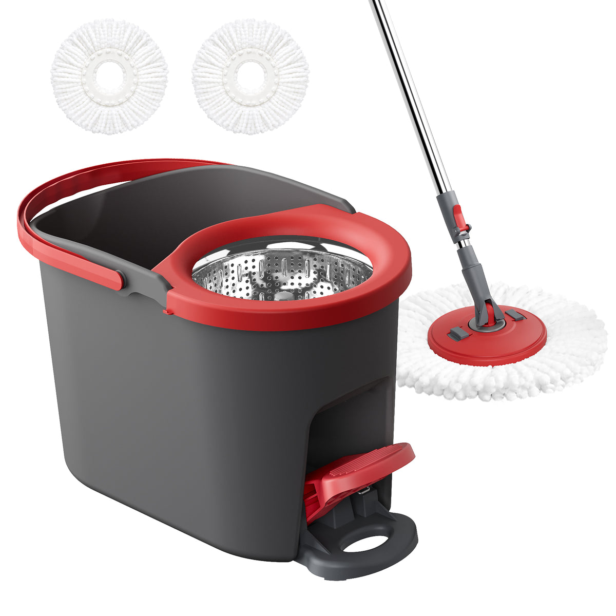 Spin Floor Mop Set with Pedal Wringer, Telescopic Handle, 2 Microfiber Pads, for Home Cleaning, Red and Gray