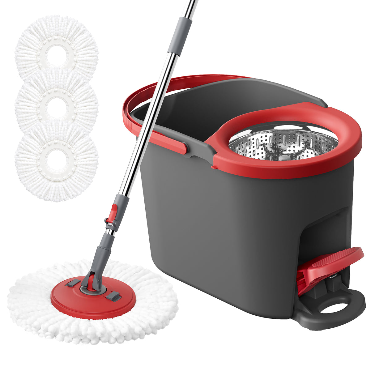 Spin Floor Mop Set with Pedal Wringer, Telescopic Handle, 3 Microfiber Pads, for Home Cleaning, Red and Gray