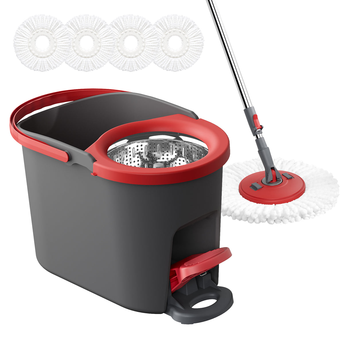 Spin Mop Bucket Set with Pedal Wringer, Telescopic Handle, 360° Rotating Mop Head, 4 Microfiber Pads, Gray and Red