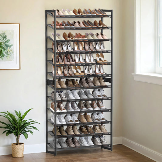 12-Tier Stackable Shoe Rack Organizer, Adjustable Fla,Angled Shelves for Entryway,Garage, Holds 48-60 Pairs, Set of 2, Black
