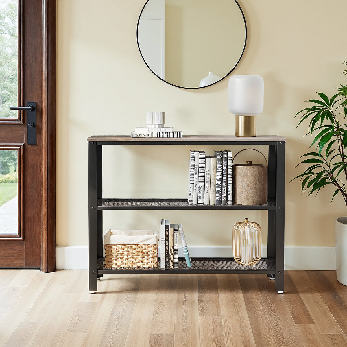 40-Inch Industrial Console Table, 3-Tier Entryway Table with 2 Mesh Shelves, Narrow Sofa Table for Hallway, Greige & Black