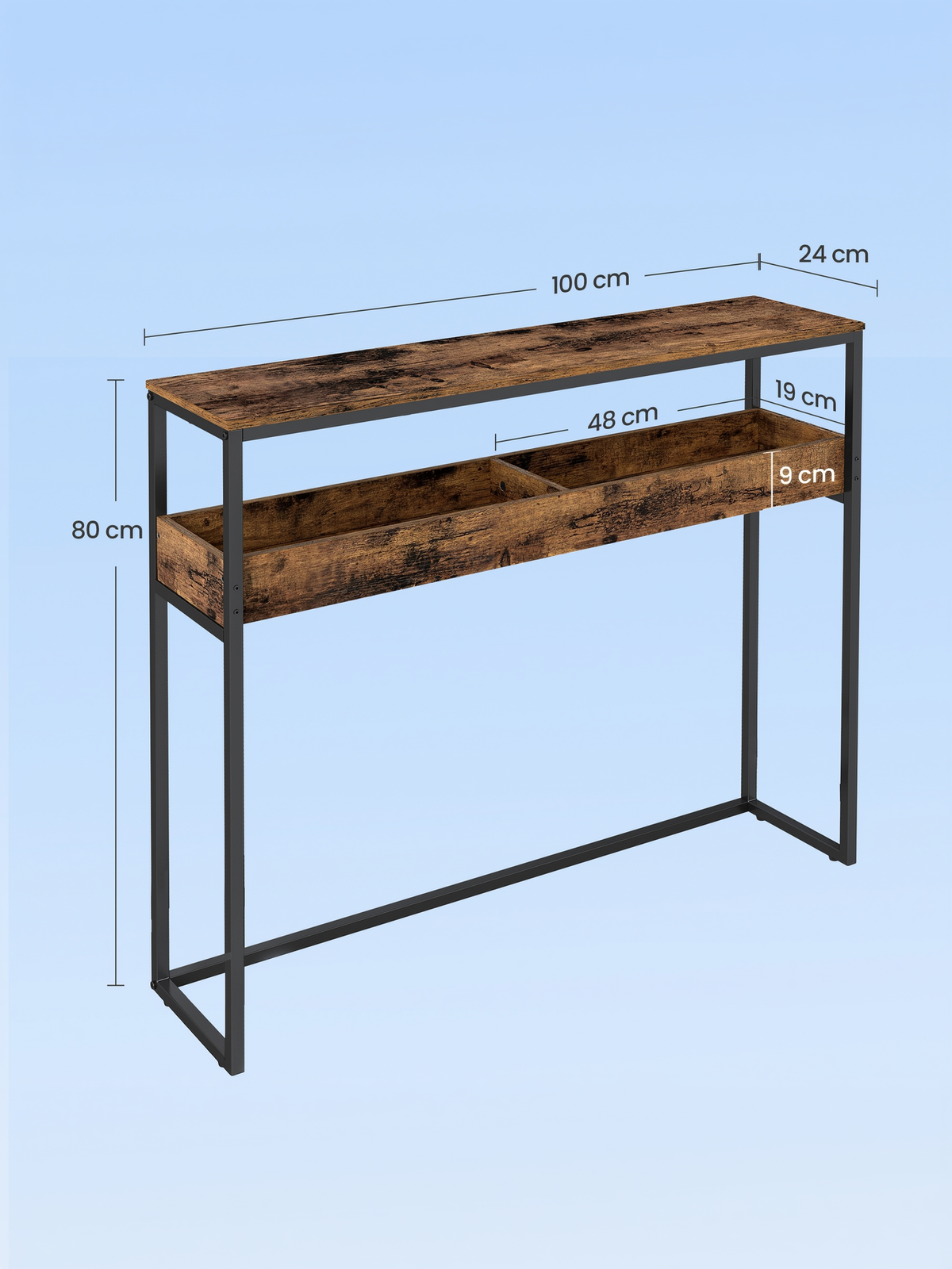2-Tier Narrow Console Table, Semi-Open Compartment Entryway Table for Hallway and Living Room, Rustic Brown and Ink Black