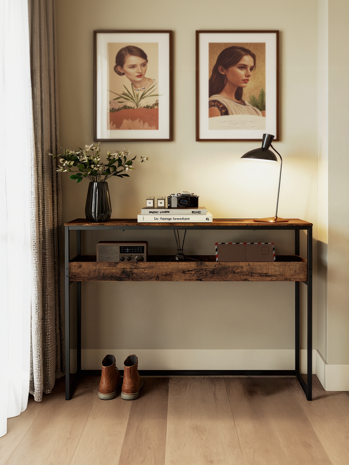 2-Tier Narrow Console Table, Semi-Open Compartment Entryway Table for Hallway and Living Room, Rustic Brown and Ink Black