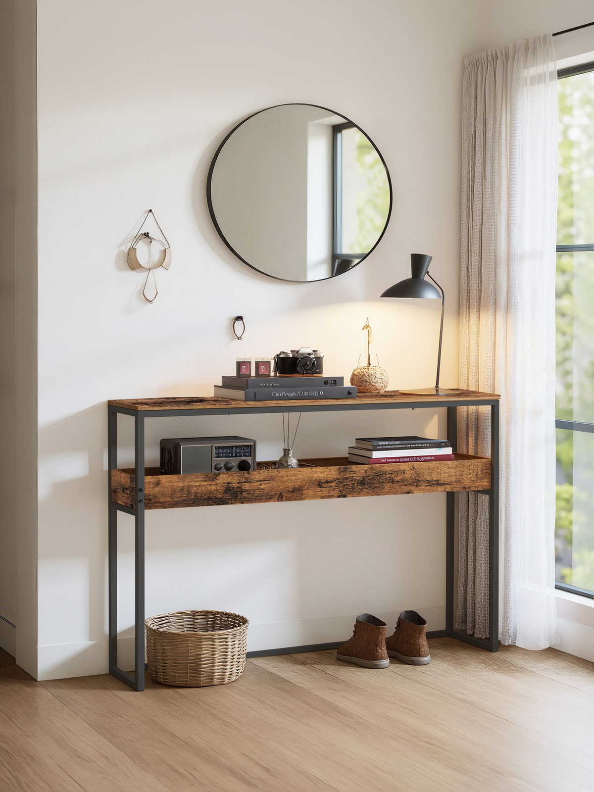 2-Tier Narrow Console Table, Semi-Open Compartment Entryway Table for Hallway and Living Room, Rustic Brown and Ink Black