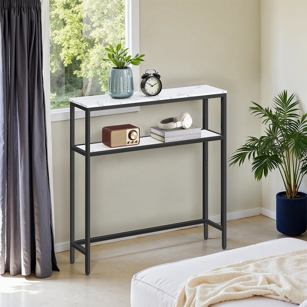 31.5" Modern Console Table, 2-Tier Narrow Sofa Table with Adjustable Feet, Entryway Shelf, Marble White and Black