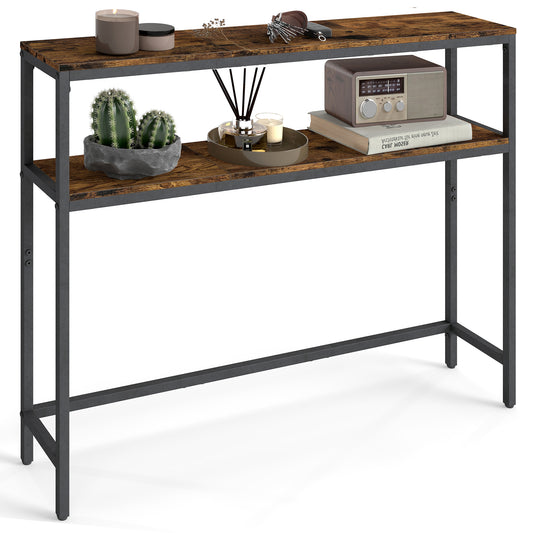 2-Tier Console Table with Shelves, Narrow Entryway or Sofa Table, 39.4-Inch Modern Living Room Table, Adjustable Feet, Rustic Brown and Ink Black