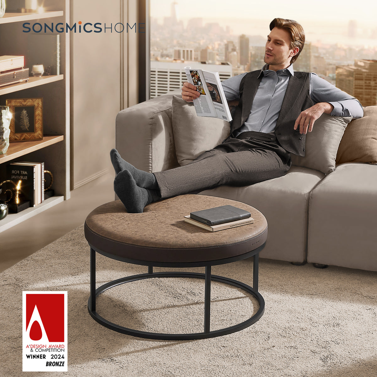 Round Ottoman with Reversible Top, Coffee Table, Footstool, Padded Seat, Side Table, Steel Frame, Max Load 660 lb, Walnut Brown