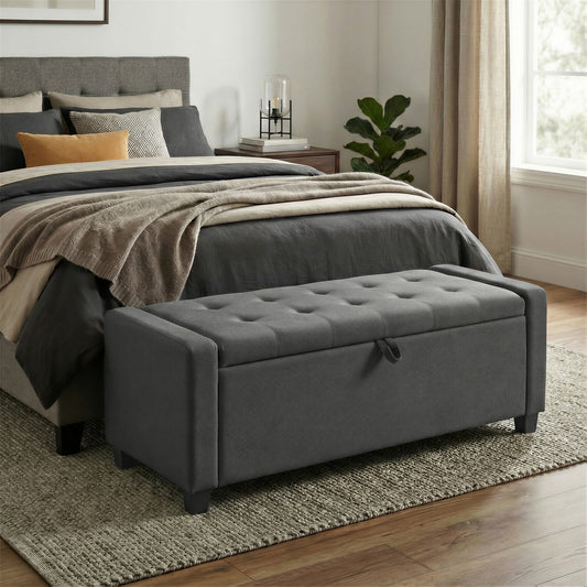 Storage Ottoman Bench with Safety Hinges, 47.6 Inch End of Bed Storage Chest with Legs and Tufted Linen Fabric, Slate Gray