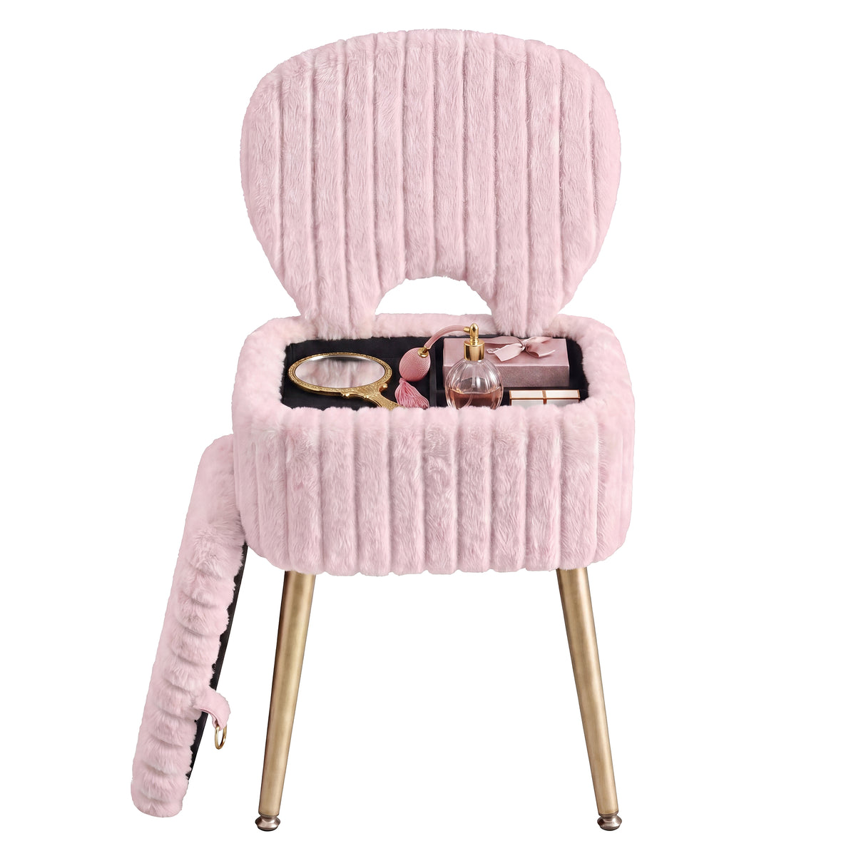 Folding Backrest Vanity Stool, Plush Padded Makeup Chair with Hidden Storage, Dressing Table Stool for Bedroom, Black