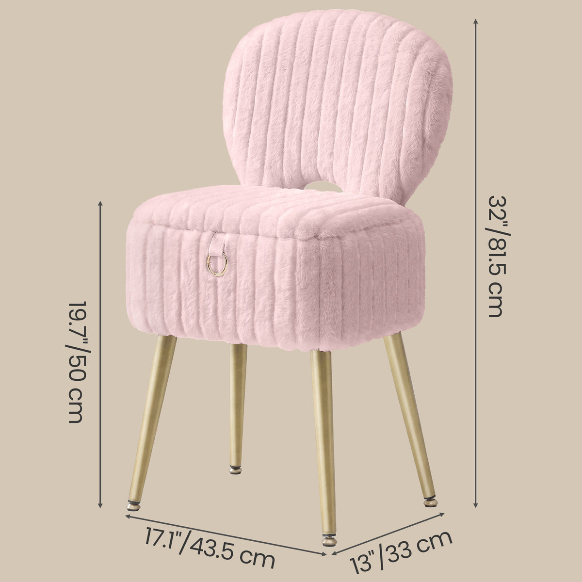 Folding Backrest Vanity Stool, Plush Padded Makeup Chair with Hidden Storage, Dressing Table Stool for Bedroom, Black