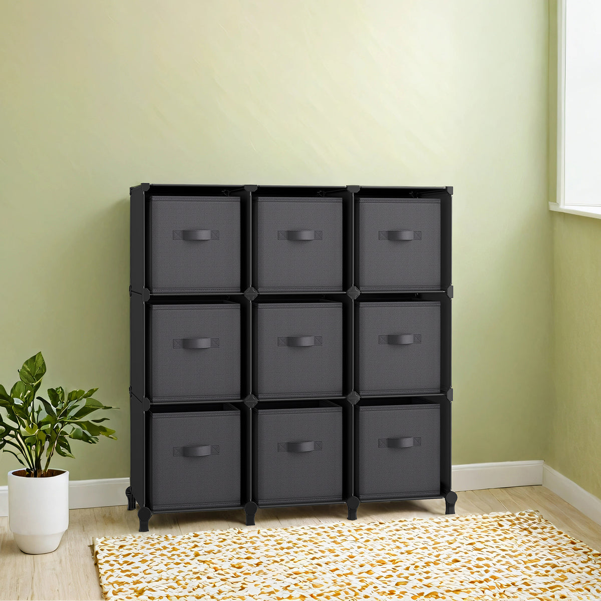 Cube Storage Organizer Set with 9 Collapsible Bins, Modular 9-Cube Shelf Unit, Expandable, Space-Saving, Bedroom, Ink Black and Dove Gray