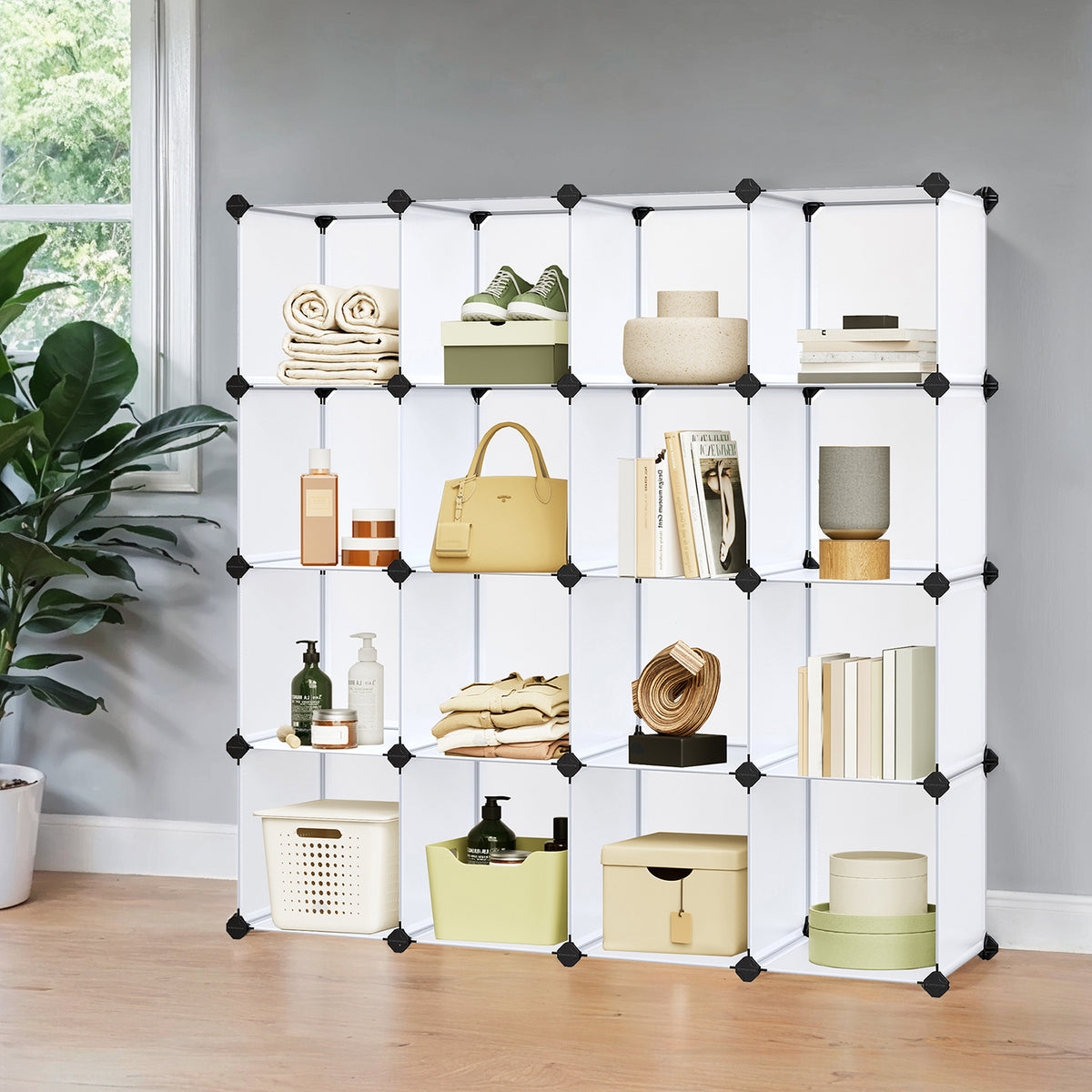 16-Cube Modular Storage Shelf - Heavy Duty Plastic & Metal Bookcase, Closet Organizer with Tool-Free Assembly, White