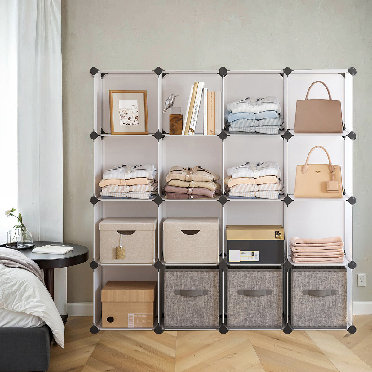 16-Cube Modular Storage Shelf - Heavy Duty Plastic & Metal Bookcase, Closet Organizer with Tool-Free Assembly, White