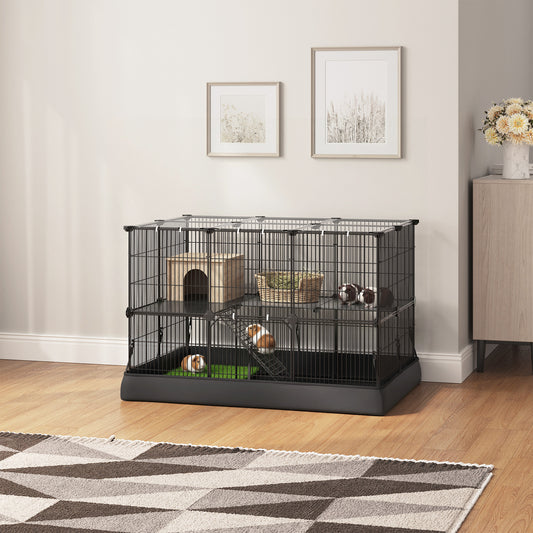 2-Tier Guinea Pig Cage with Ramp & Waterproof Mat, 35-Panel Small Animal Playpen with Top & Side Doors, for Rabbits, Hamsters, Ink Black