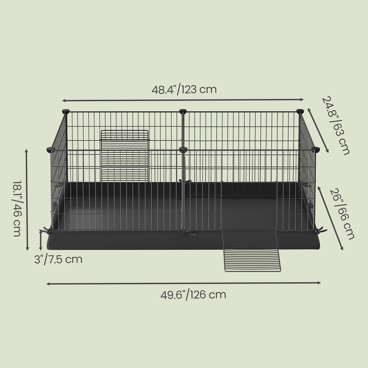 Metal Grid Guinea Pig Cage with Waterproof Washable Liner, 2-Space Small Animal Playpen for Rabbits, Ferrets, Hedgehogs, 48.4 x 24.8 x 18.1 Inches, Black