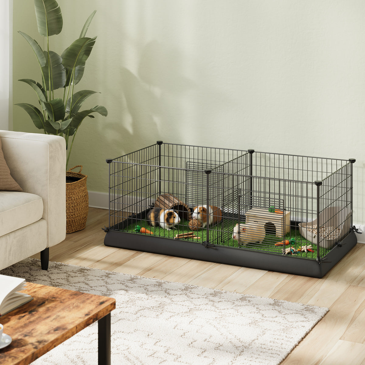 Metal Grid Guinea Pig Cage with Waterproof Washable Liner, 2-Space Small Animal Playpen for Rabbits, Ferrets, Hedgehogs, 48.4 x 24.8 x 18.1 Inches, Black