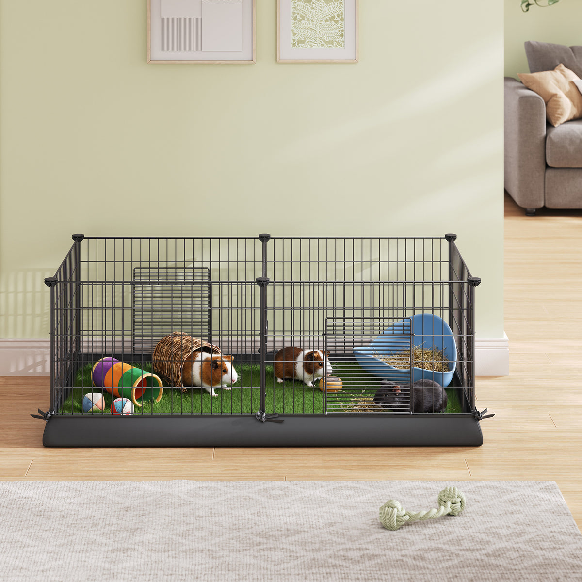 Metal Grid Guinea Pig Cage with Waterproof Washable Liner, 2-Space Small Animal Playpen for Rabbits, Ferrets, Hedgehogs, 48.4 x 24.8 x 18.1 Inches, Black