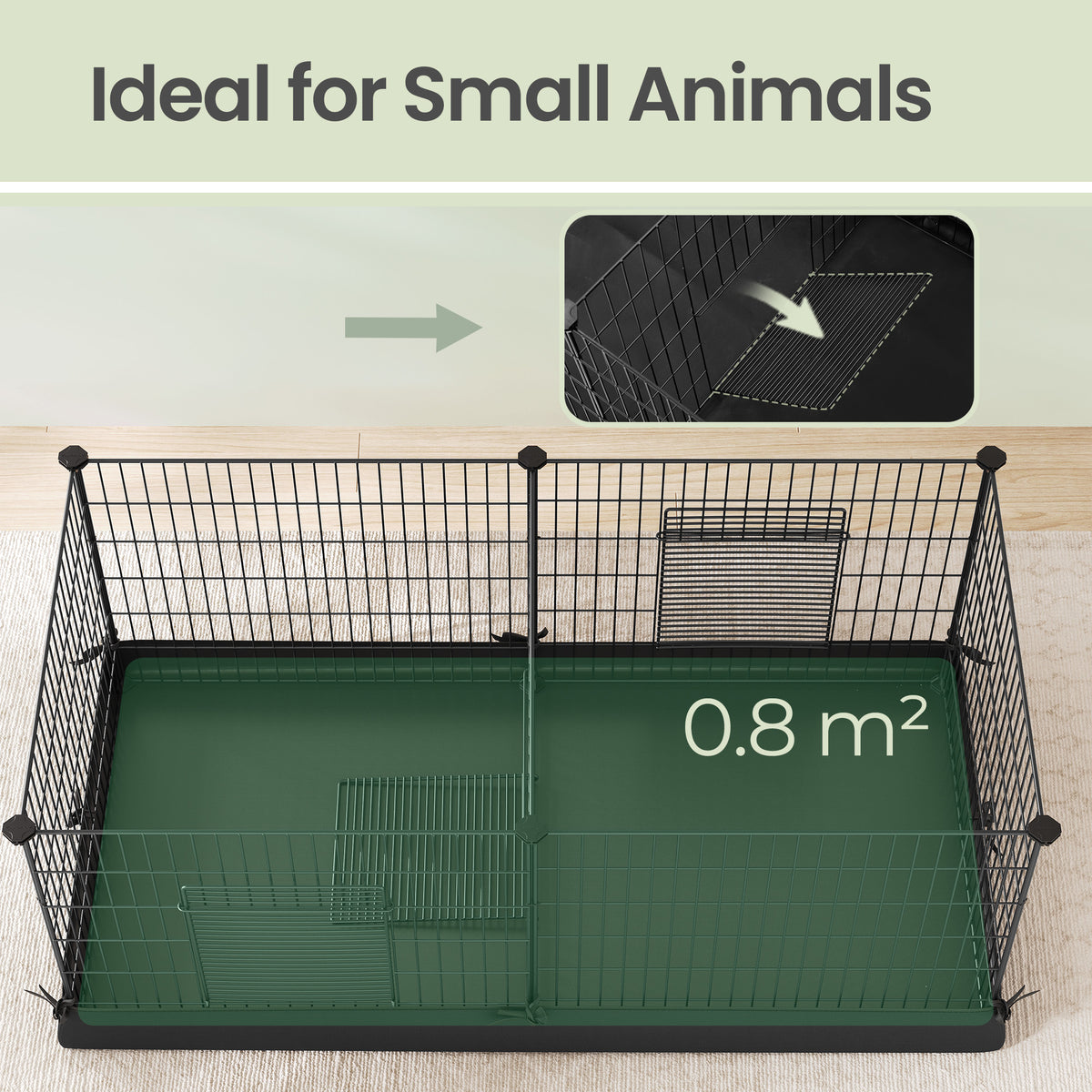 Metal Grid Guinea Pig Cage with Waterproof Washable Liner, 2-Space Small Animal Playpen for Rabbits, Ferrets, Hedgehogs, 48.4 x 24.8 x 18.1 Inches, Black