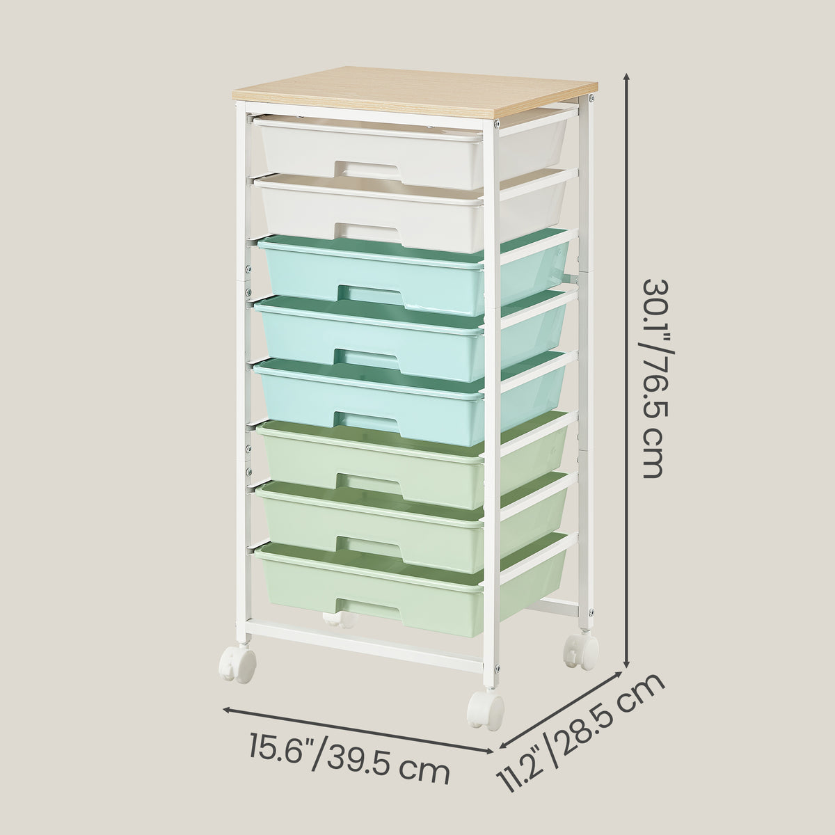 8-Drawer Rolling Storage Cart, Wood Top Craft Organizer on Wheels, 15.6 x 11.2 x 30.1 inches, Green and White
