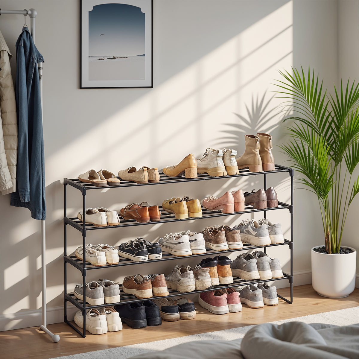 Shoe Rack, 4-Tier Metal Shoe Organizer for Entryway, Stands Upright or Upside Down, Holds 25-30 Pairs, Stackable & Tool-Free, Black