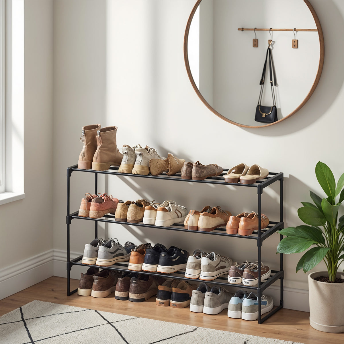 Shoe Rack, 4-Tier Metal Shoe Organizer for Entryway, Stands Upright or Upside Down, Holds 25-30 Pairs, Stackable & Tool-Free, Black