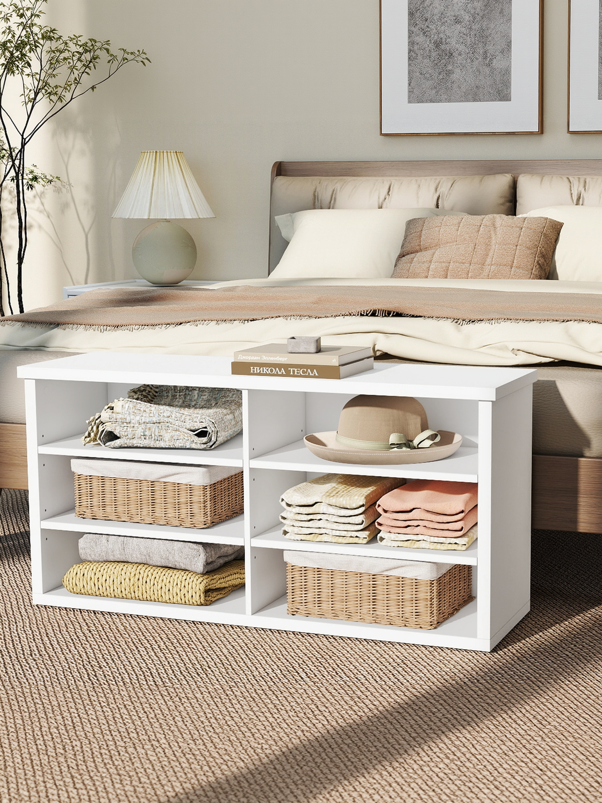 6-Compartment Shoe Bench with Adjustable Shelves, Storage Bench for Entryway, Living Room and Dorm, 39.4" W, Cloud White
