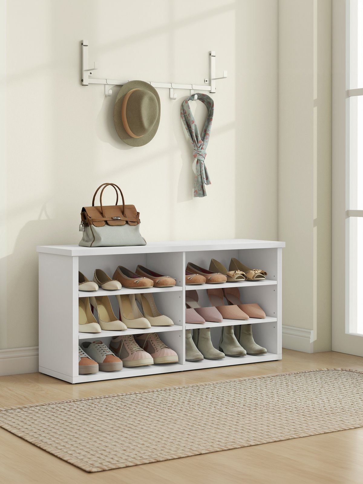 6-Compartment Shoe Bench with Adjustable Shelves, Storage Bench for Entryway, Living Room and Dorm, 39.4" W, Cloud White