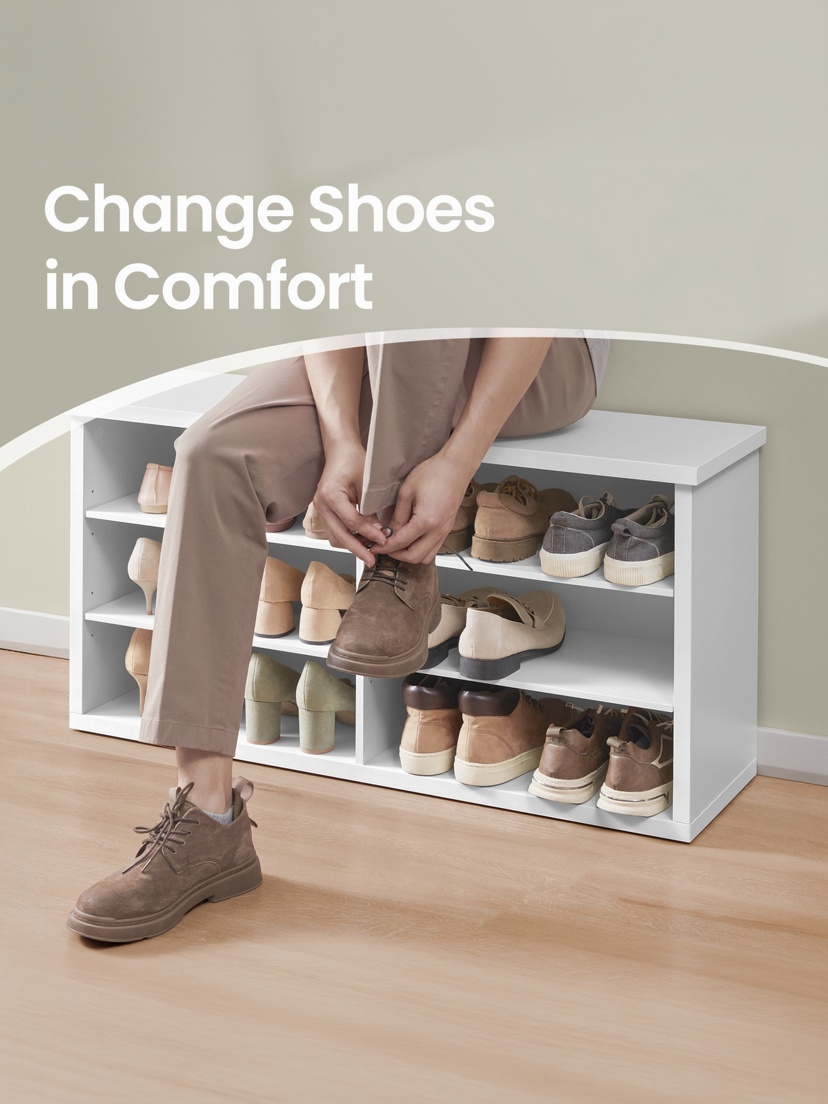 6-Compartment Shoe Bench with Adjustable Shelves, Storage Bench for Entryway, Living Room and Dorm, 39.4" W, Cloud White