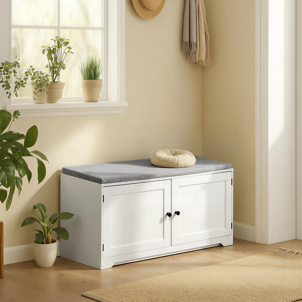 LEDREM 3-Tier Shoe Storage Bench with Cushion, Adjustable Shelves Entryway Bench for Hallway or Bedroom, 39.8-Inch Farmhouse Style, Cloud White and Dove Gray