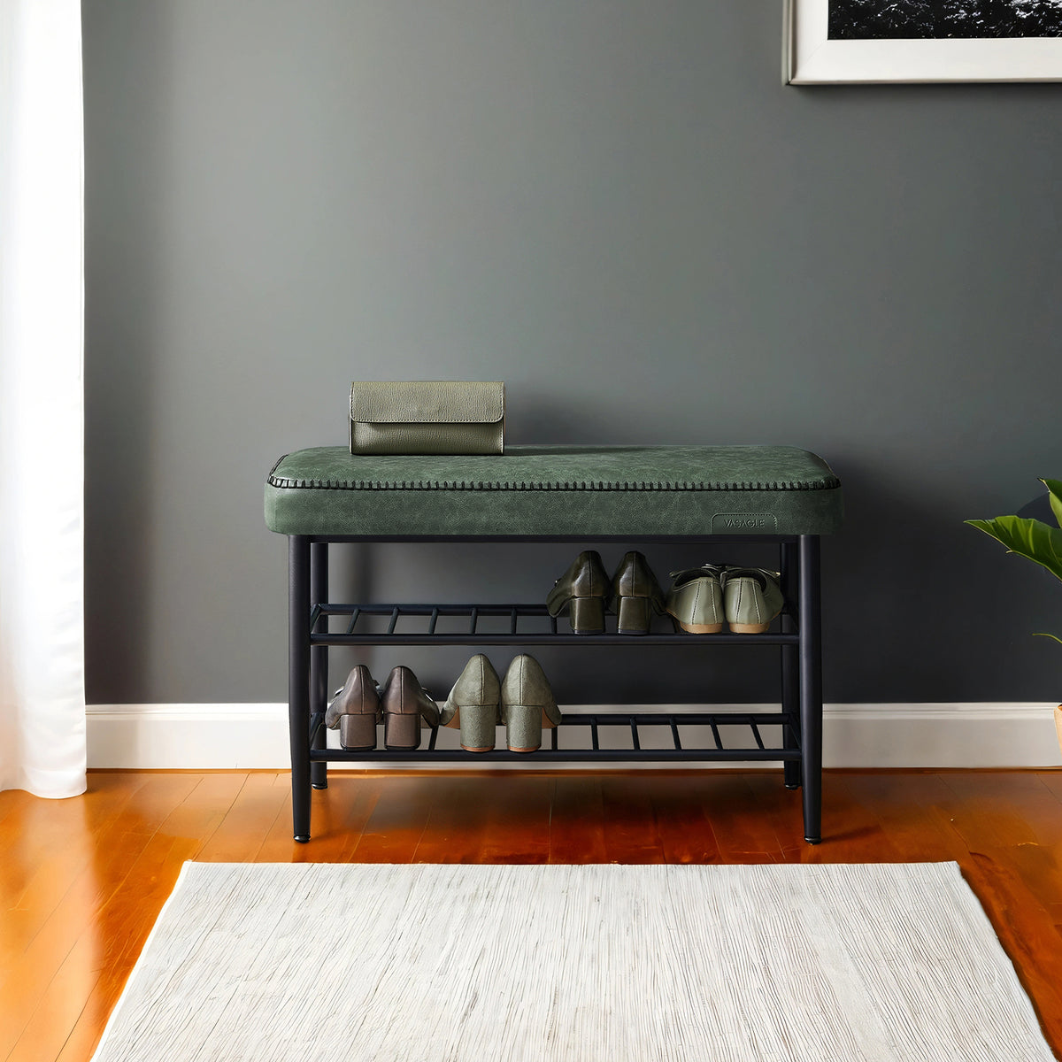 Shoe Rack Storage Bench for Entryway, Steel, Particleboard, Sponge, PU Leather with Stitching, Transitional, Loads 297.6 lb, 31.5 x 11.8 x 19.7 Inches, Green and Black