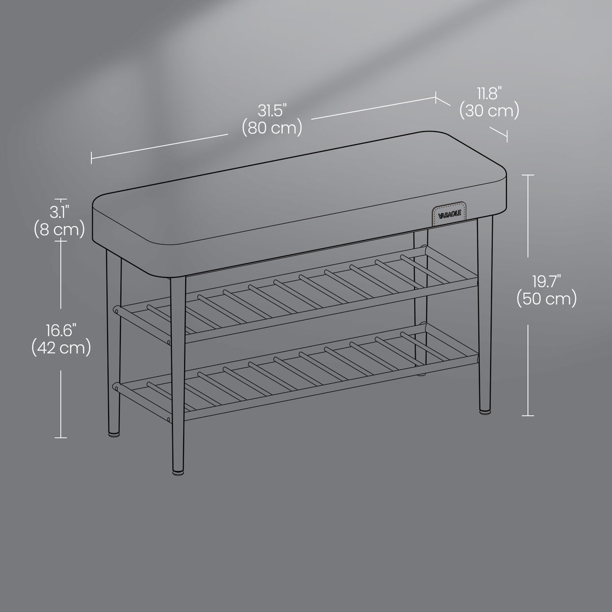Shoe Rack Storage Bench for Entryway, Steel, Particleboard, Sponge, PU Leather with Stitching, Transitional, Loads 297.6 lb, 31.5 x 11.8 x 19.7 Inches, Green and Black