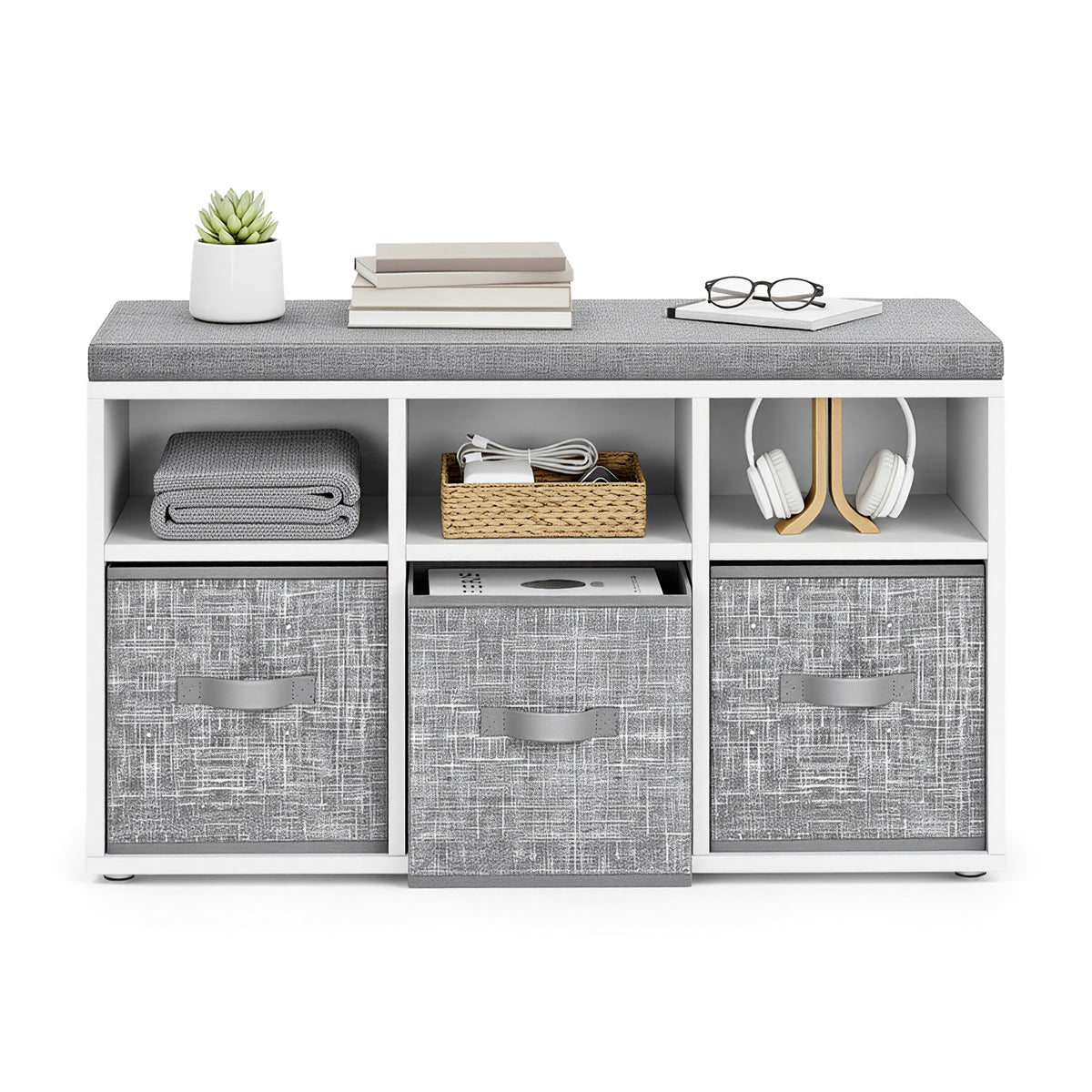 Shoe Storage Bench with Cushion, 6-Compartment Entryway Bench with 3 Adjustable Shelves and 3 Storage Boxes, Cloud White