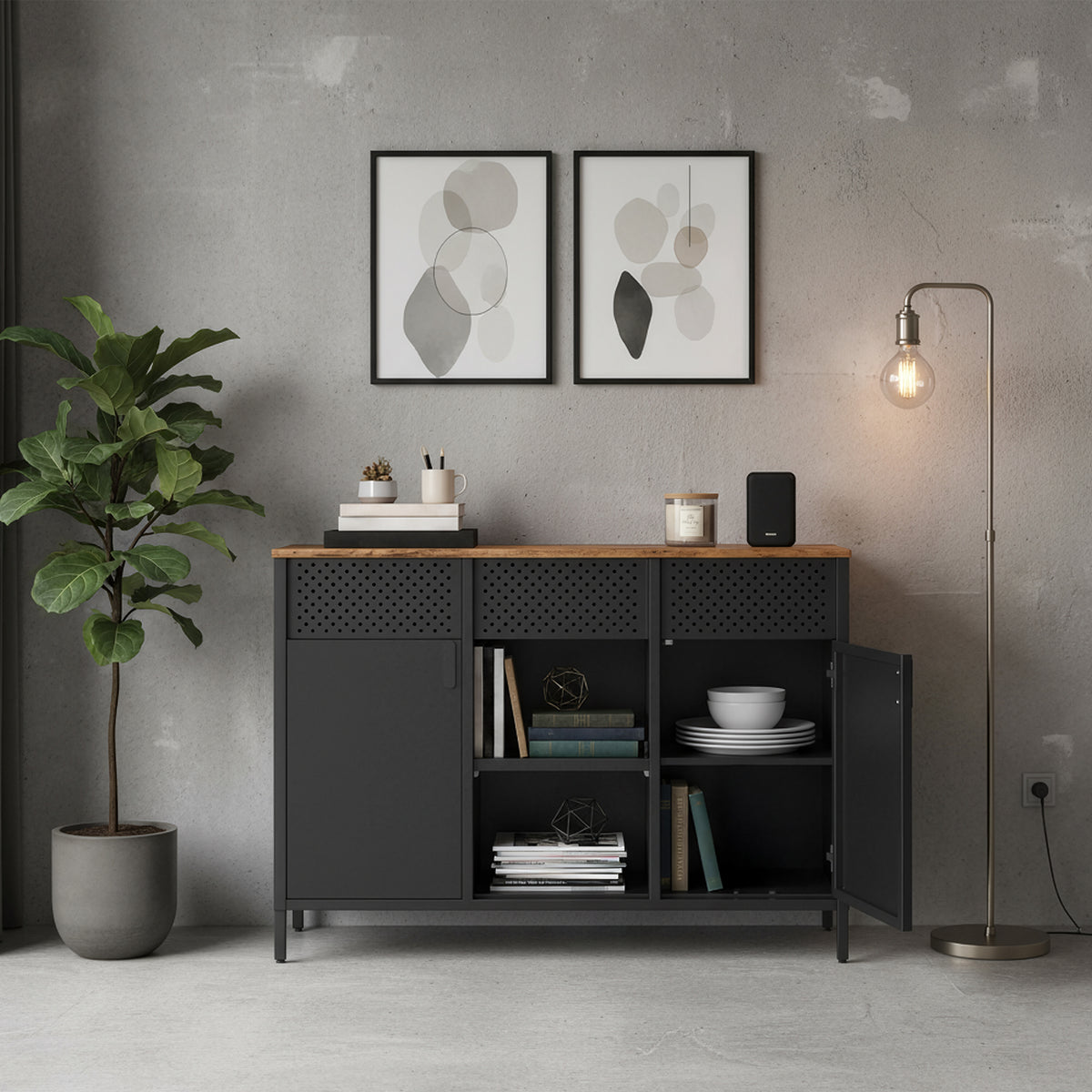 Metal Storage Cabinet, 43.3 Inch Sideboard with 2 Doors, Adjustable Shelves & Magnetic Closure, Steel Frame for Kitchen Living Room, Rustic Brown & Black