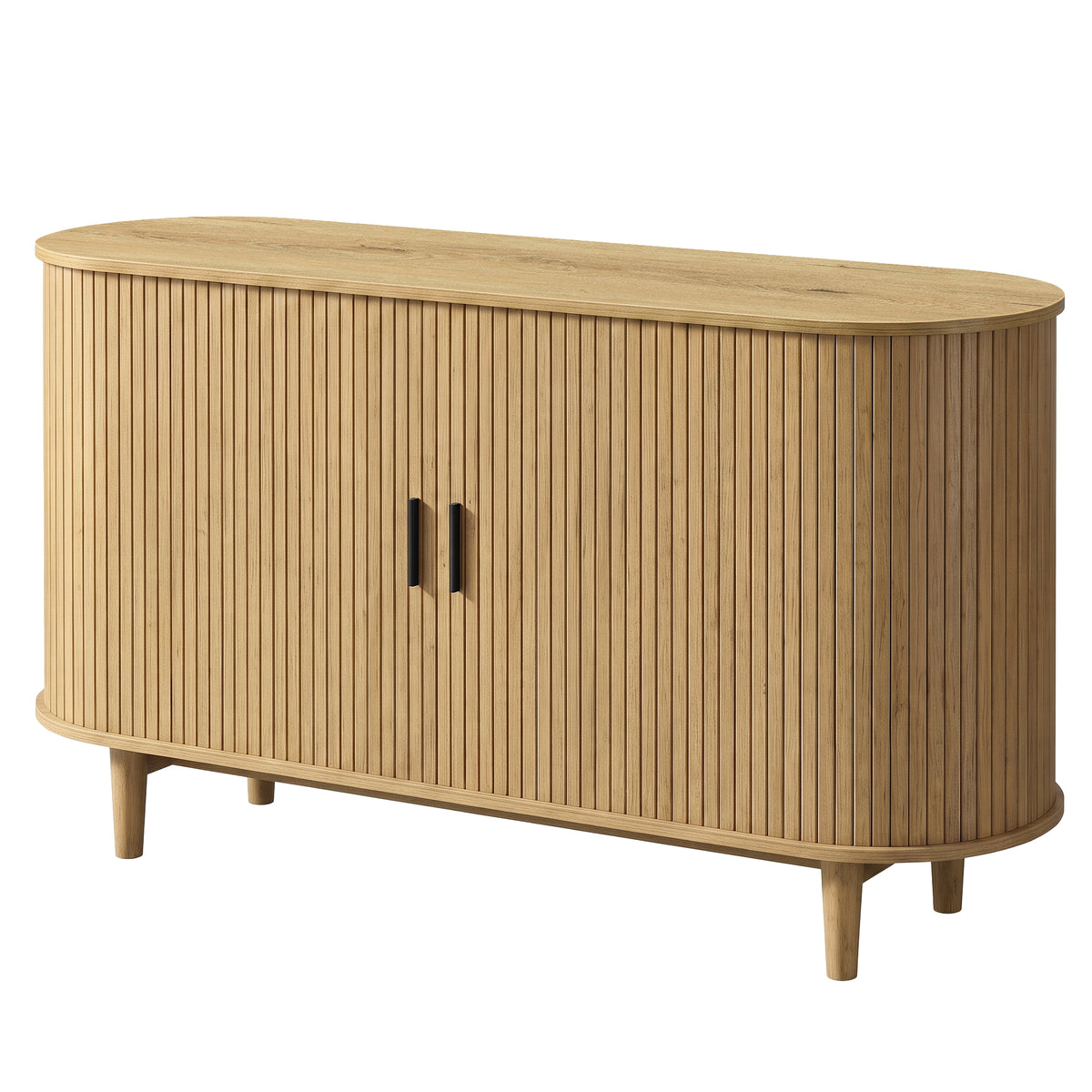 Curved Mid-Century Modern Sideboard Storage Cabinet with Sliding Doors, 55.1 x 15.7 x 29.5 inches, Yellowish Brown