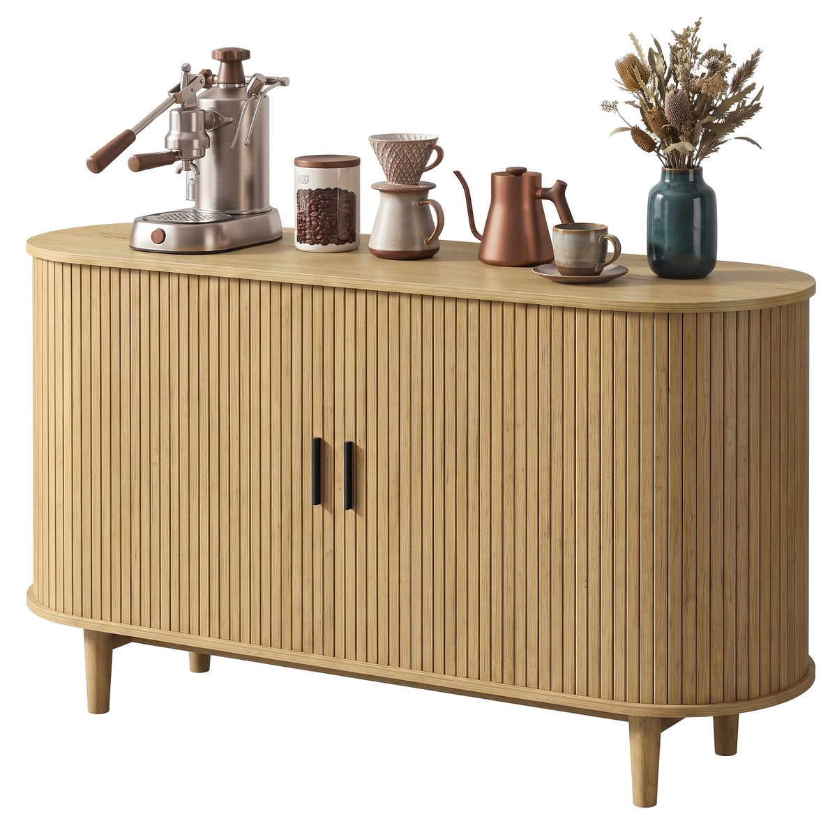 Curved Mid-Century Modern Sideboard Storage Cabinet with Sliding Doors, 55.1 x 15.7 x 29.5 inches, Yellowish Brown