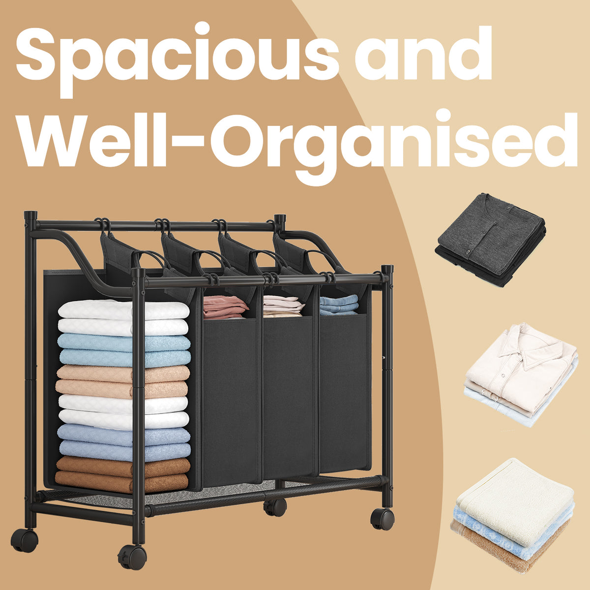4-Bin Rolling Laundry Sorter, 37 Gallon Capacity with Removable Bags, Mobile Cart, Steel Frame, for Home Use, Ink Black