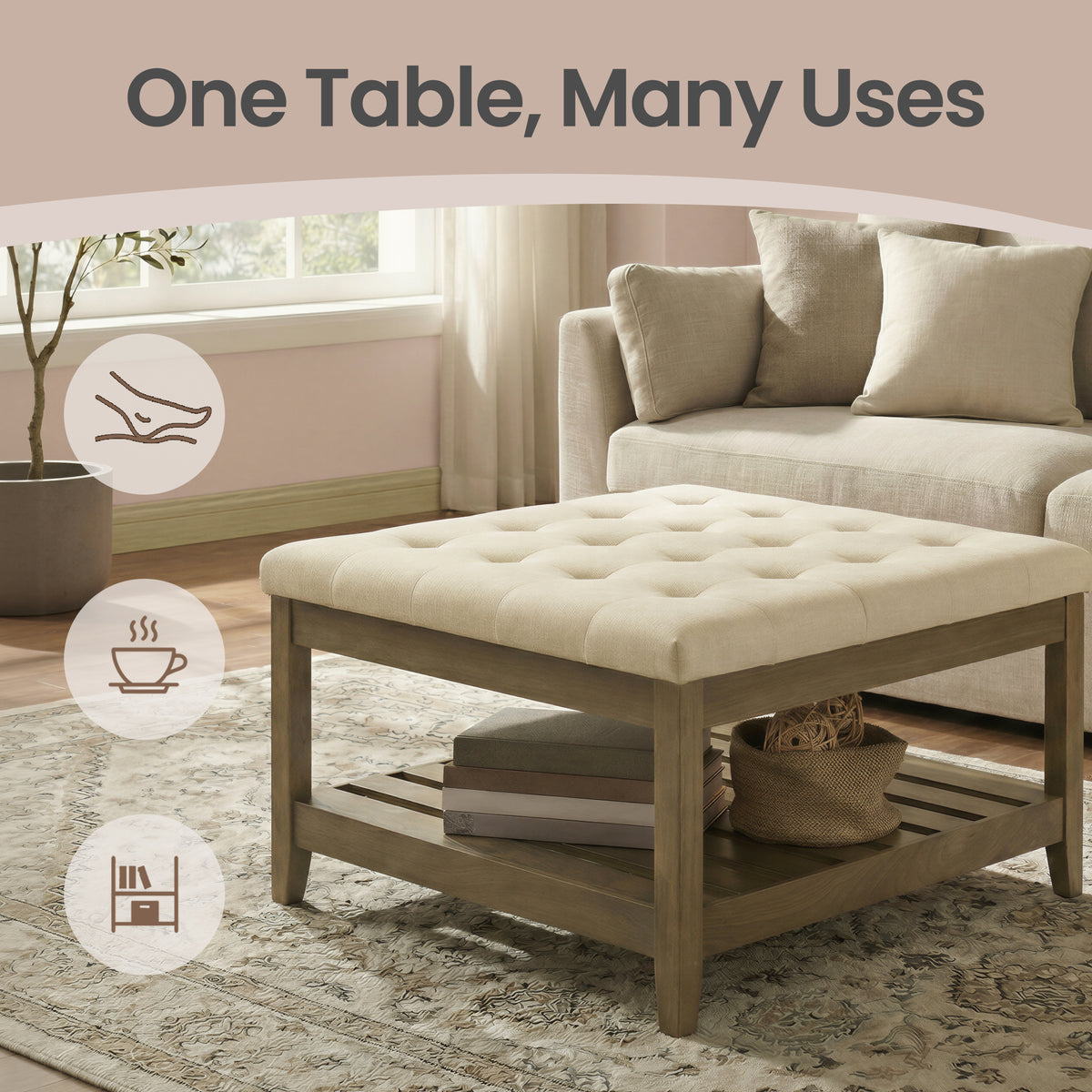 Square Storage Ottoman Coffee Table with Solid Wood Frame, Tufted Upholstered Footrest with Bottom Shelf, for Living Room, 31.5 x 17.7 x 31.5 Inches, Summer Sand