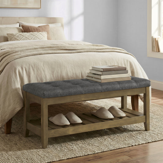 Upholstered End of Bed Bench with Storage Shelf, Solid Wood Frame Window Seat with Tufted Cushion, for Living Room, Bedroom, 42.9 x 17.7 x 15.7 Inches, Slate Gray