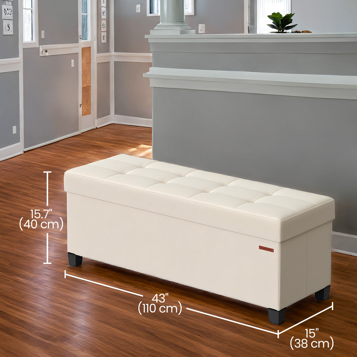 Luxury Foldable Storage Ottoman - 43" Multi-Functional Bench, 660lb Capacity, 30-Gallon Organizer, Cream White
