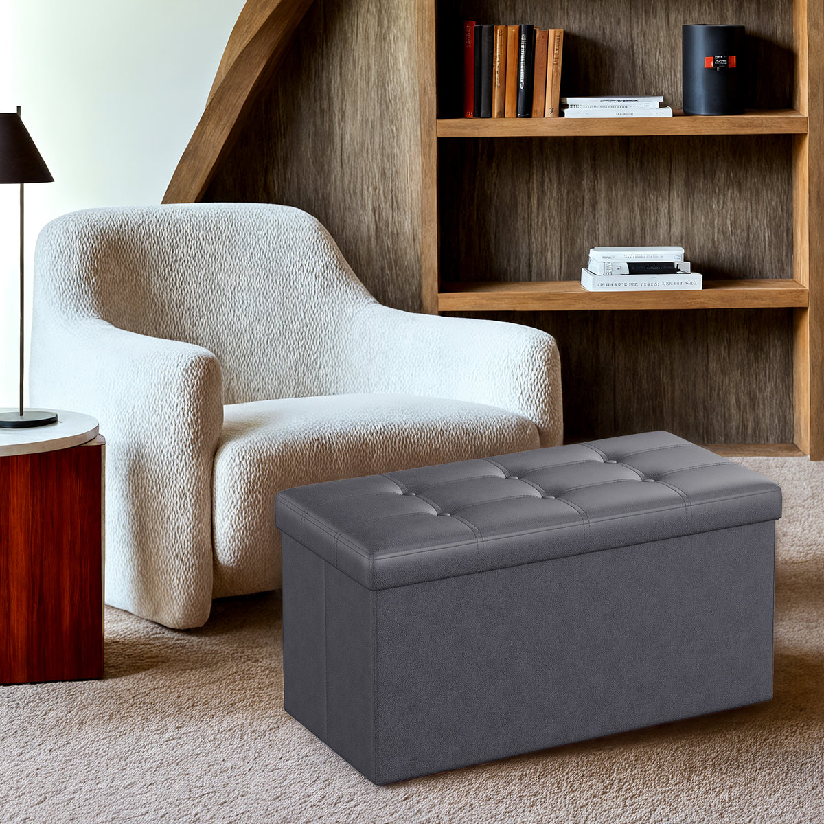 Folding Storage Ottoman Bench, 30-Inch Synthetic Leather Seat with 660 lb Capacity, Thick Foam Cushion, Multi-Use Footrest Storage Chest, Dark Gray