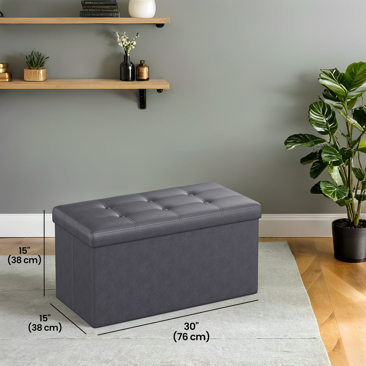 Folding Storage Ottoman Bench, 30-Inch Synthetic Leather Seat with 660 lb Capacity, Thick Foam Cushion, Multi-Use Footrest Storage Chest, Dark Gray