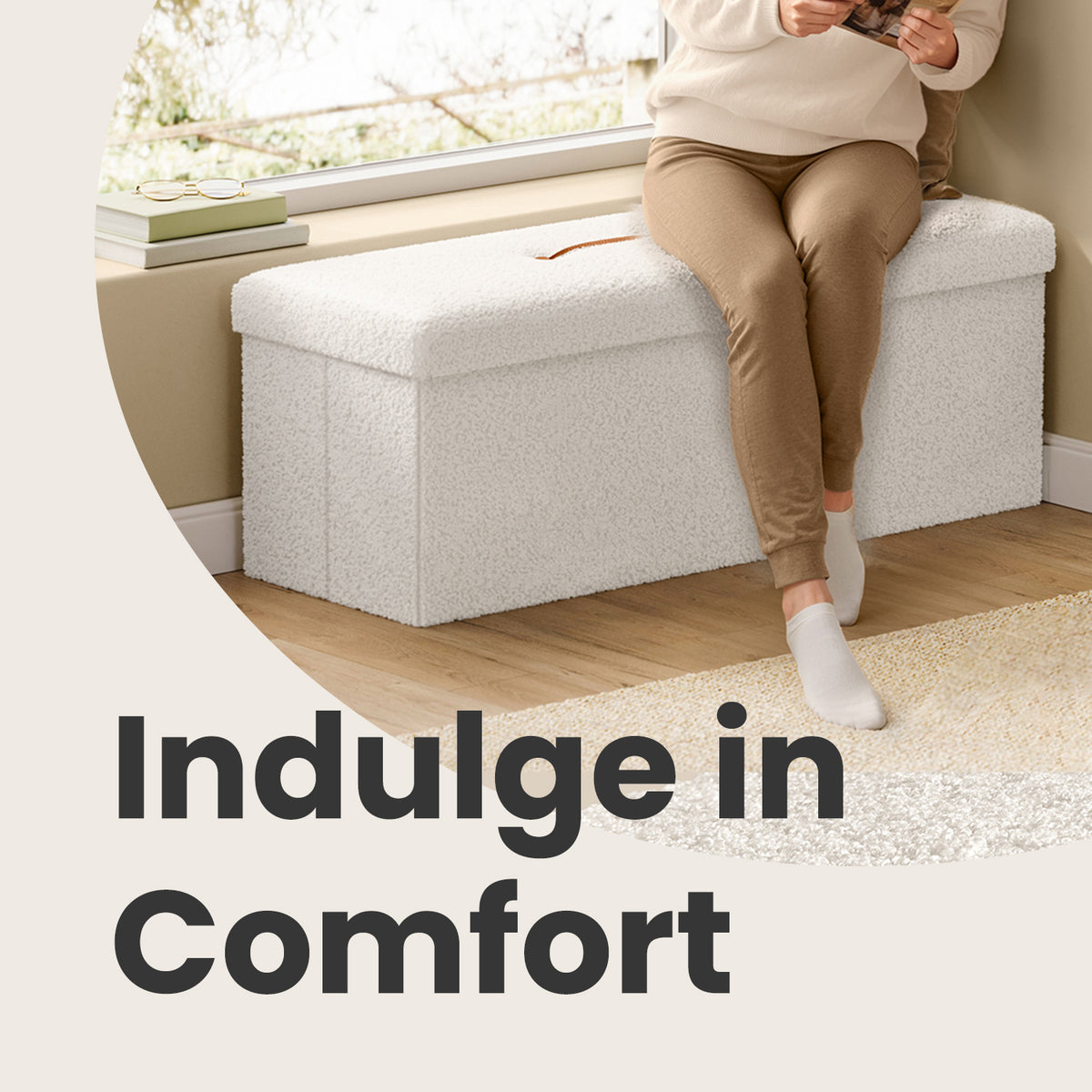 Storage Ottoman Bench - 660lb Capacity, 35-Gallon Storage, Foldable Design, Multi-Functional Footrest/Seat, Cream White