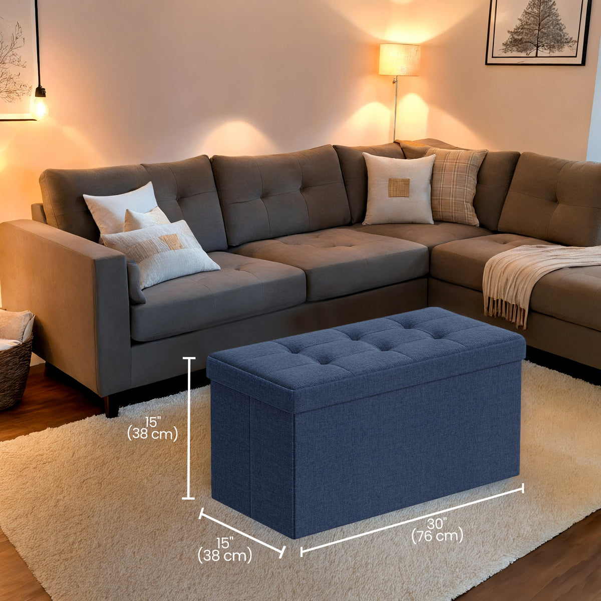 30" Foldable Storage Ottoman Bench with Removable Divider, 660lb Capacity, 3-in-1 Multi-Functional, Midnight Blue