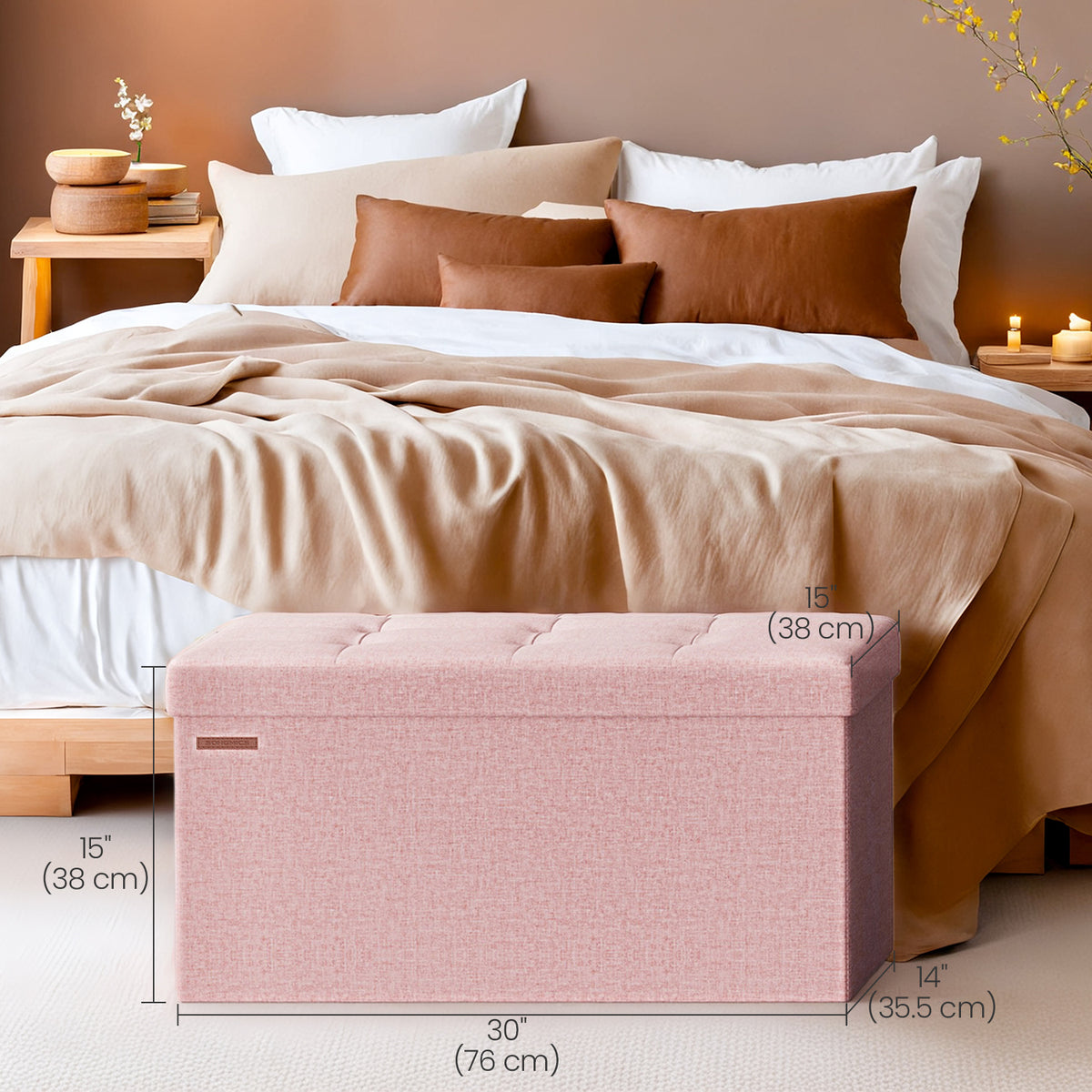 Storage Ottoman - 30" Multi-Functional Bench, 660lb Capacity, 24-Gallon Storage, Linen-Look Fabric, Jelly Pink