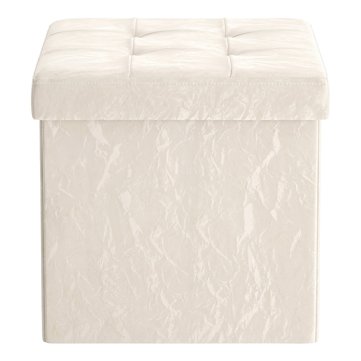 Textured PU Leather Storage Ottoman, Foldable Cushioned Footstool, 15 x 15 x 15 Inches, White
