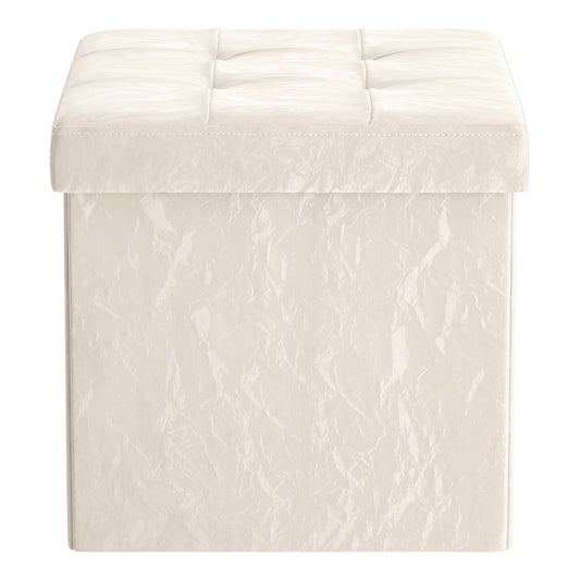 Textured PU Leather Storage Ottoman, Foldable Cushioned Footstool, 15 x 15 x 15 Inches, White