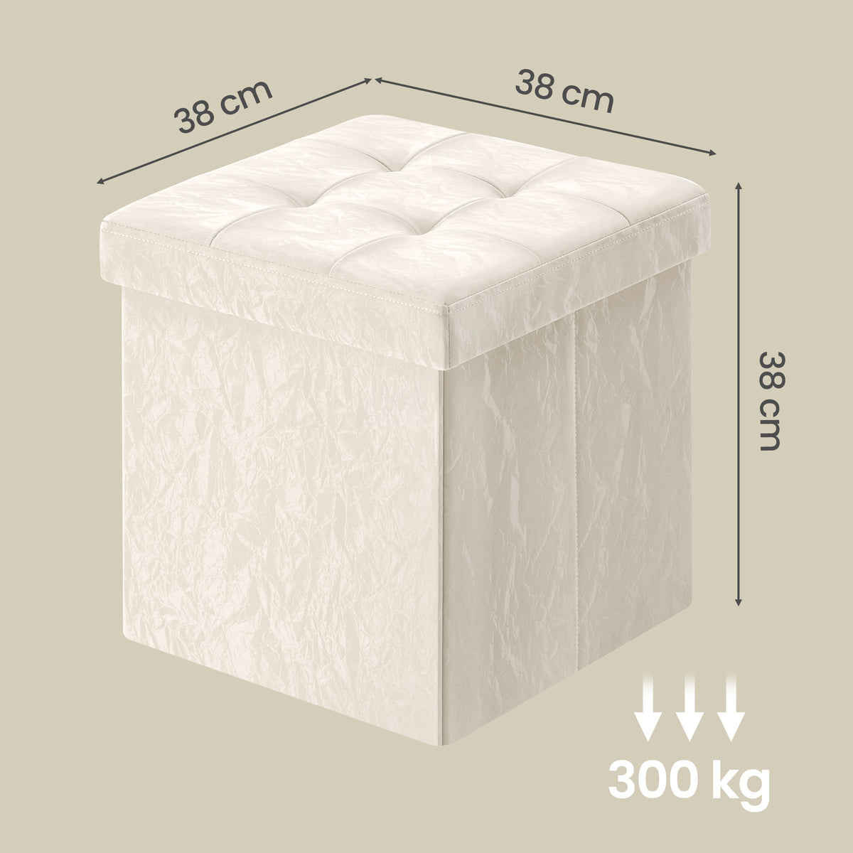 Textured PU Leather Storage Ottoman, Foldable Cushioned Footstool, 15 x 15 x 15 Inches, White