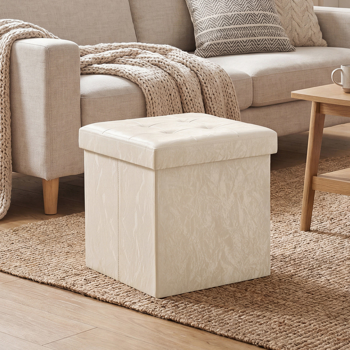 Textured PU Leather Storage Ottoman, Foldable Cushioned Footstool, 15 x 15 x 15 Inches, White